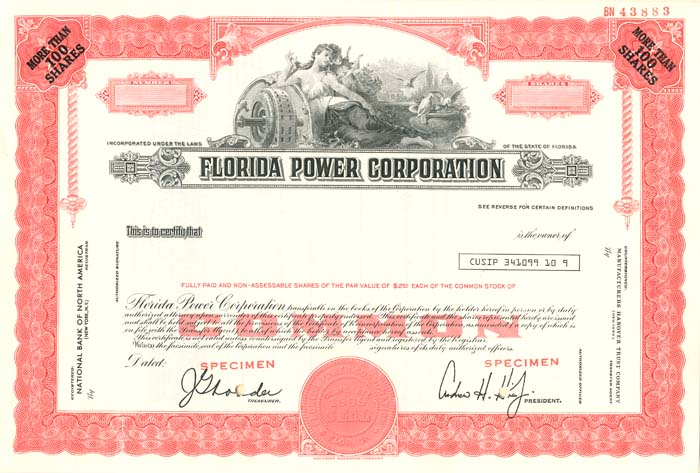 Florida Power Corporation - Specimen Stock Certificate